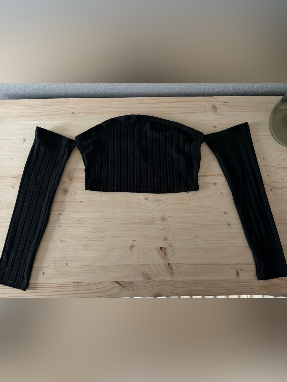 SHEIN Black Ribbed Off-Shoulder Crop Top with Detached Long Sleeves